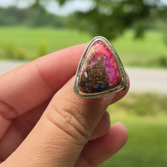 925 Silver Pink Cotton Candy Cooper Turqouis Artisanal Handmade Ring - Picture 5 of 11